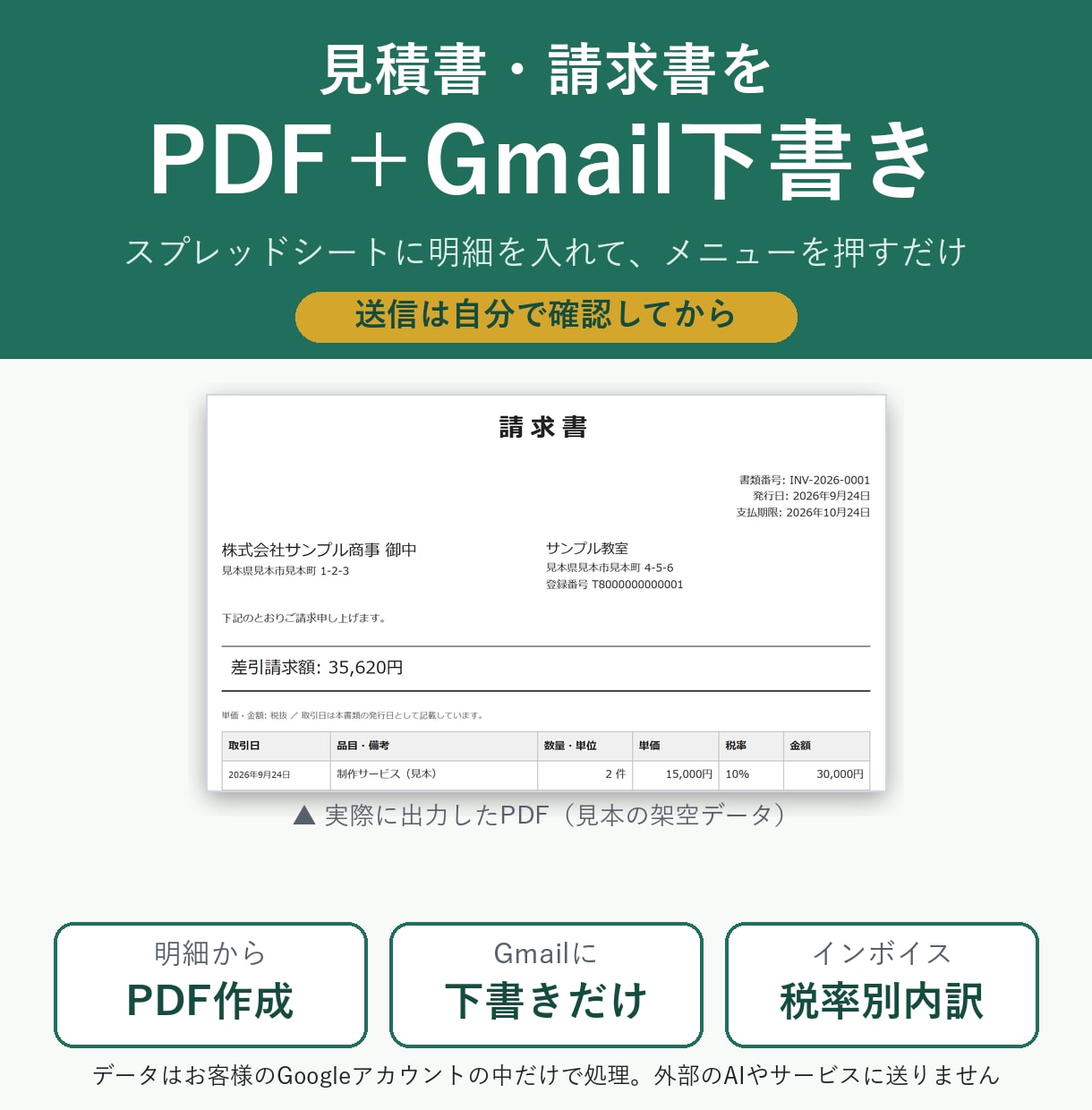 見積書・請求書をPDF化しGmail下書きにします 明細を入れて押すだけ|インボイス対応・送信は自分で イメージ1