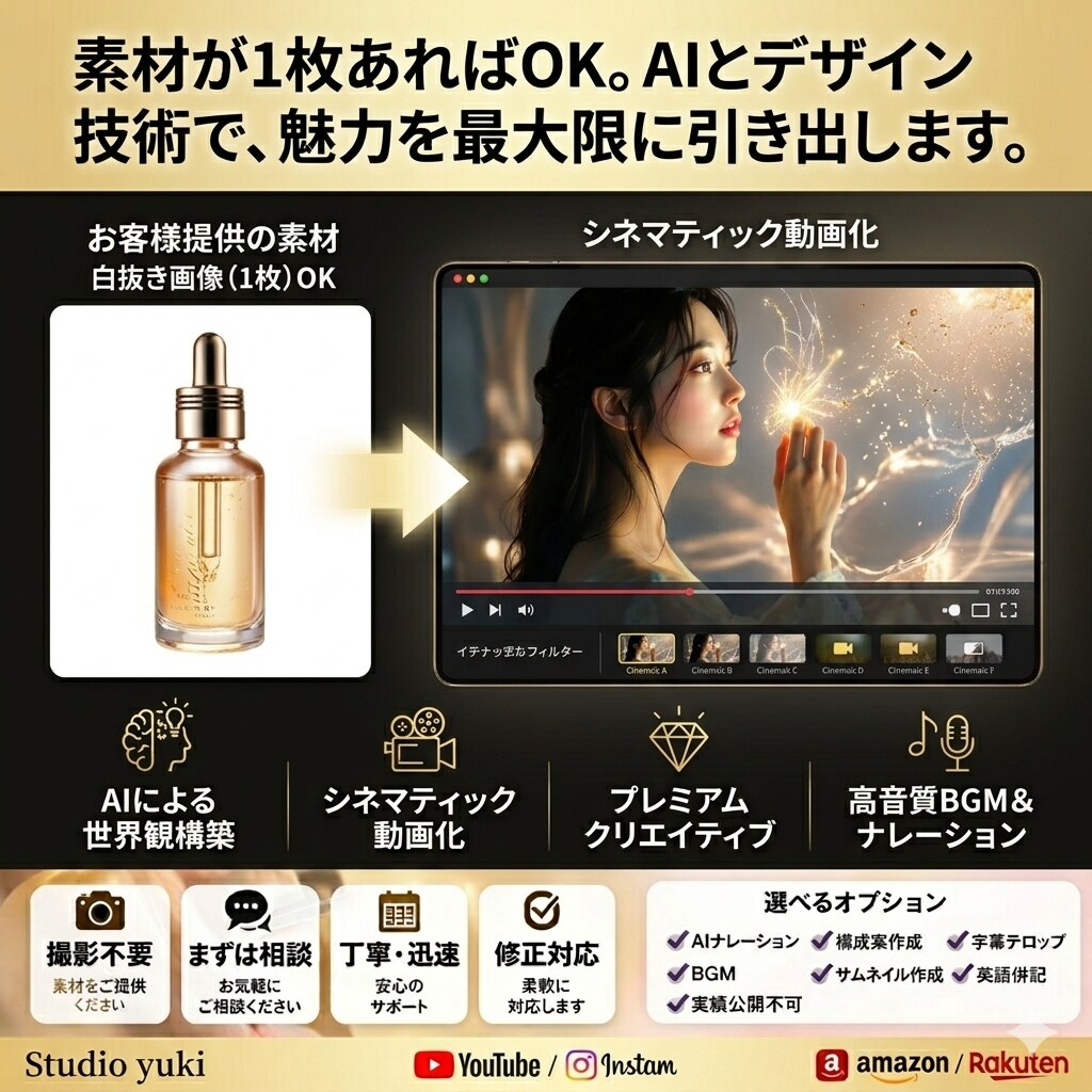 他社と差をつける魅力。伝わり選ばれる動画制作します 「撮影不要・素材不足もAI補完! 画像・ロゴを提供するだけ」 イメージ3