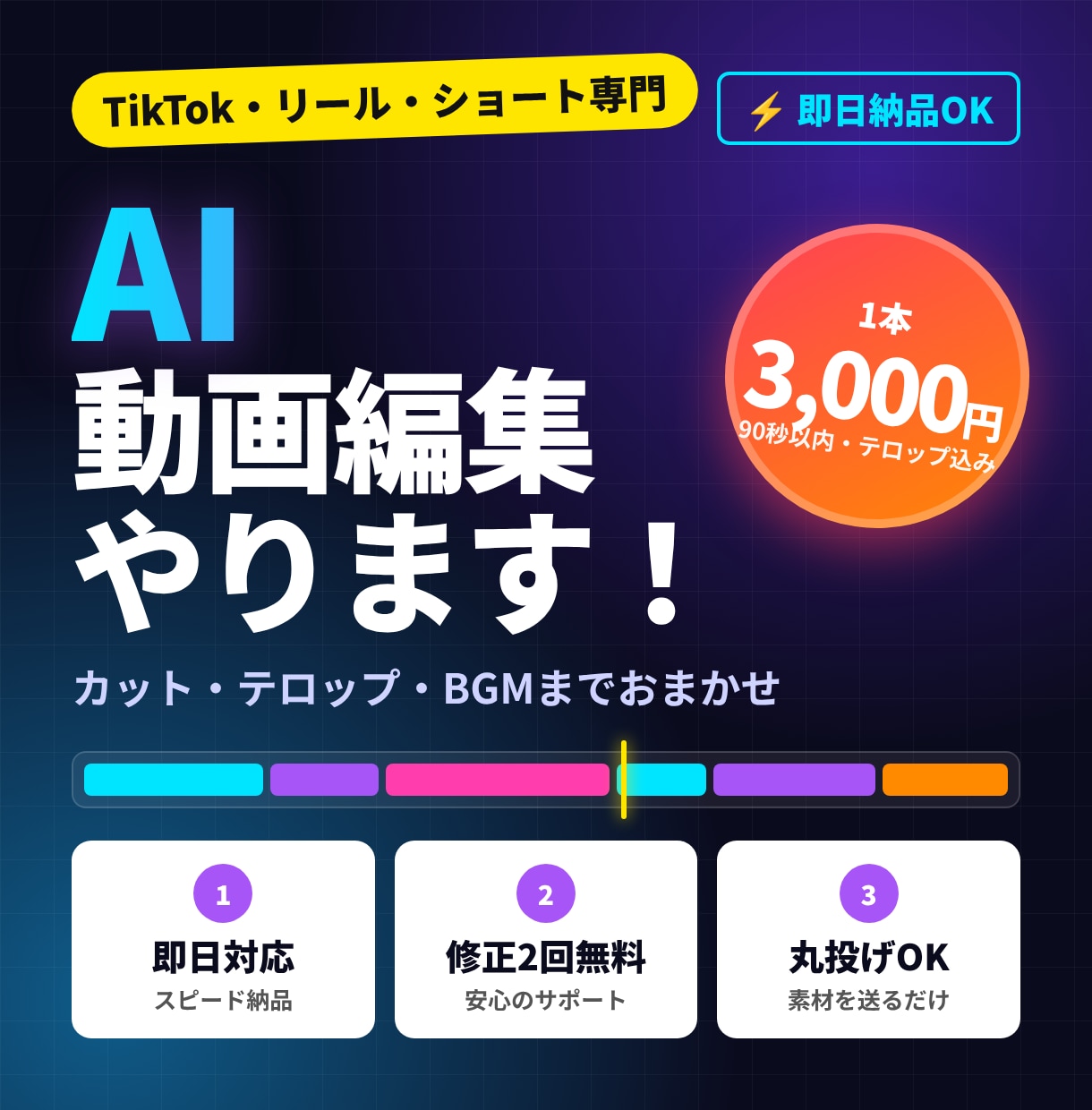 AIで即日対応！ショート動画を編集します 90秒以内3,000円｜カット・テロップ・BGM込み イメージ1