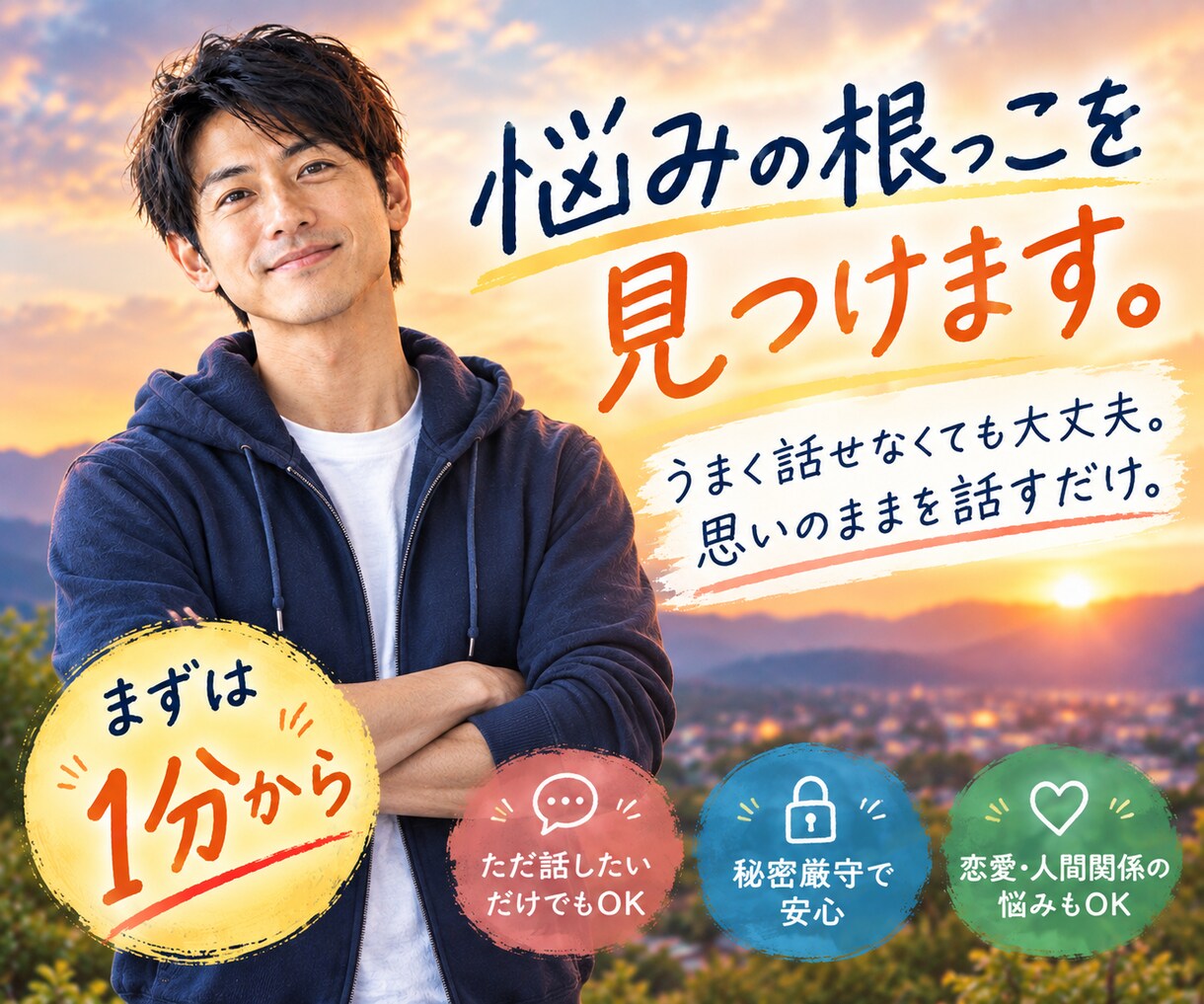 思いのままを話すだけ。悩みの根っこを見つけます 1分からOK。思いのままお話しください。 イメージ1