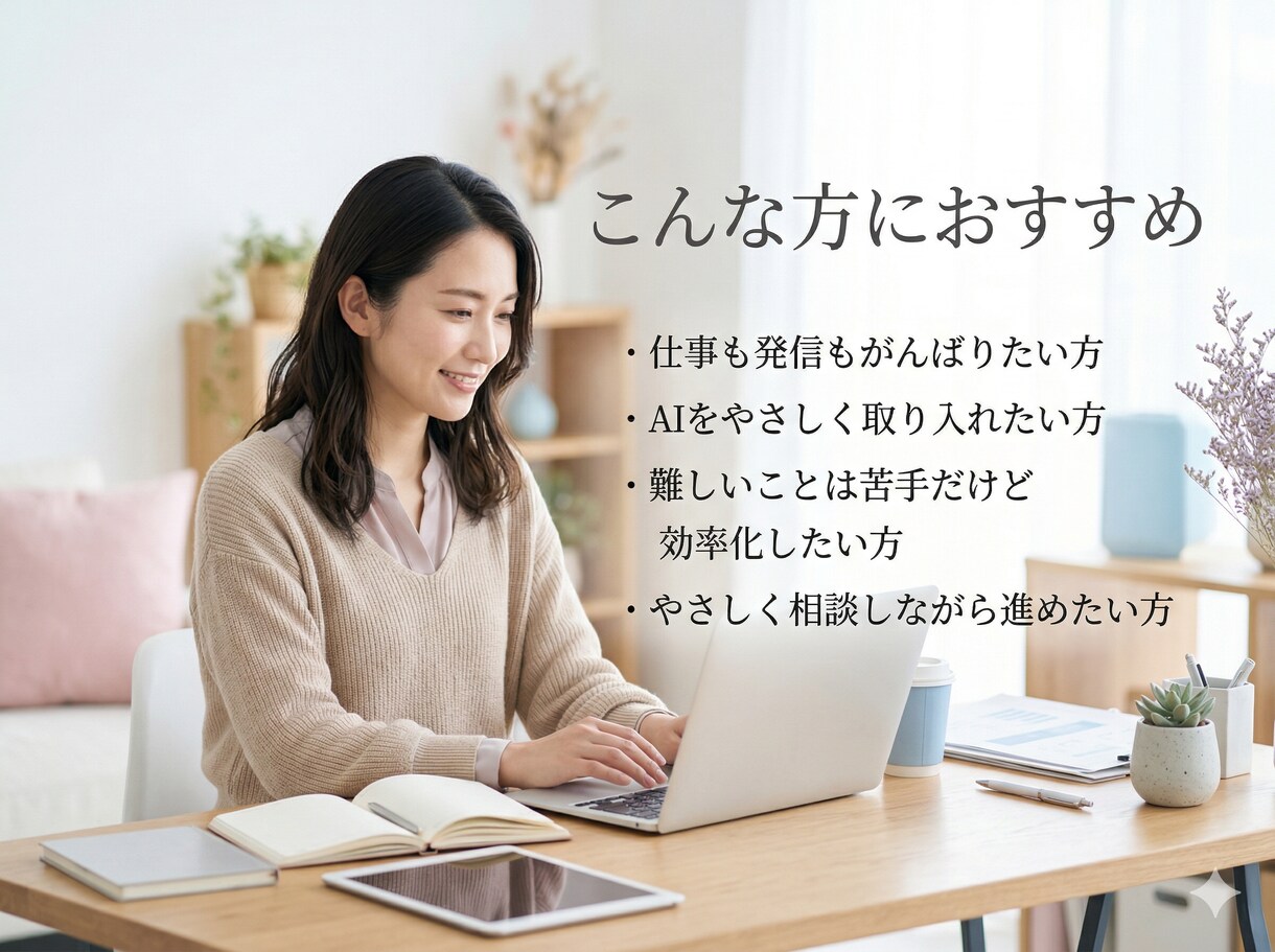女性向け｜AIで日々の業務の負担を軽くします やさしく相談しながらAI活用を整えます イメージ5