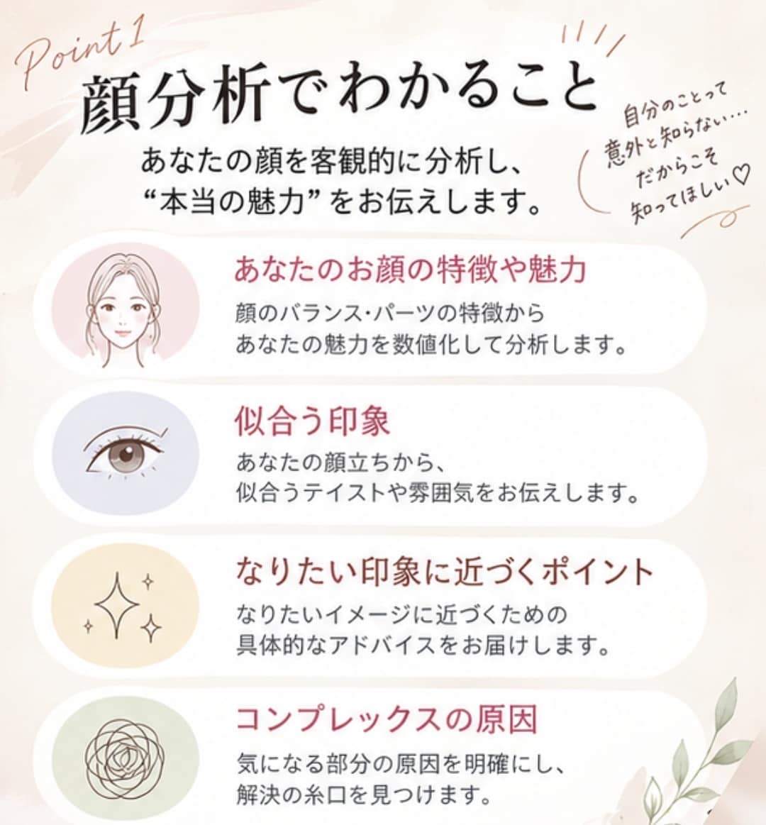 顔分析｜あなたのお顔の魅力をお伝えします お顔の特徴や魅力を客観的に分析。今より楽しい毎日へ。 イメージ2
