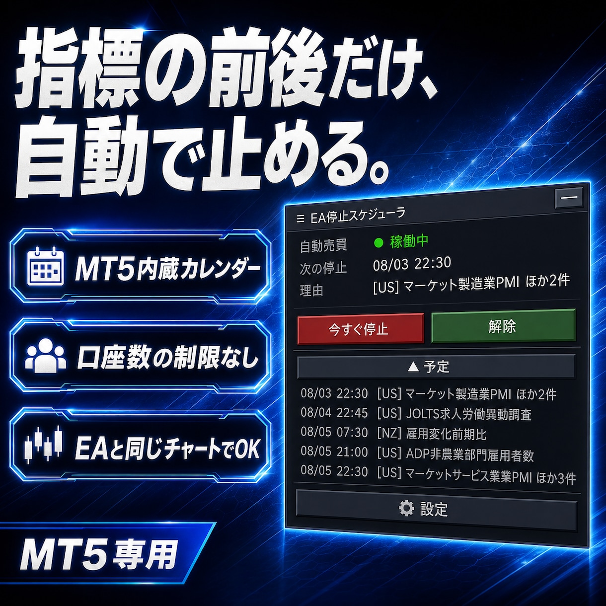MT5のEAを経済指標と時間帯で自動停止します 口座数の制限なし。指標の前後だけ自動で止めます イメージ1