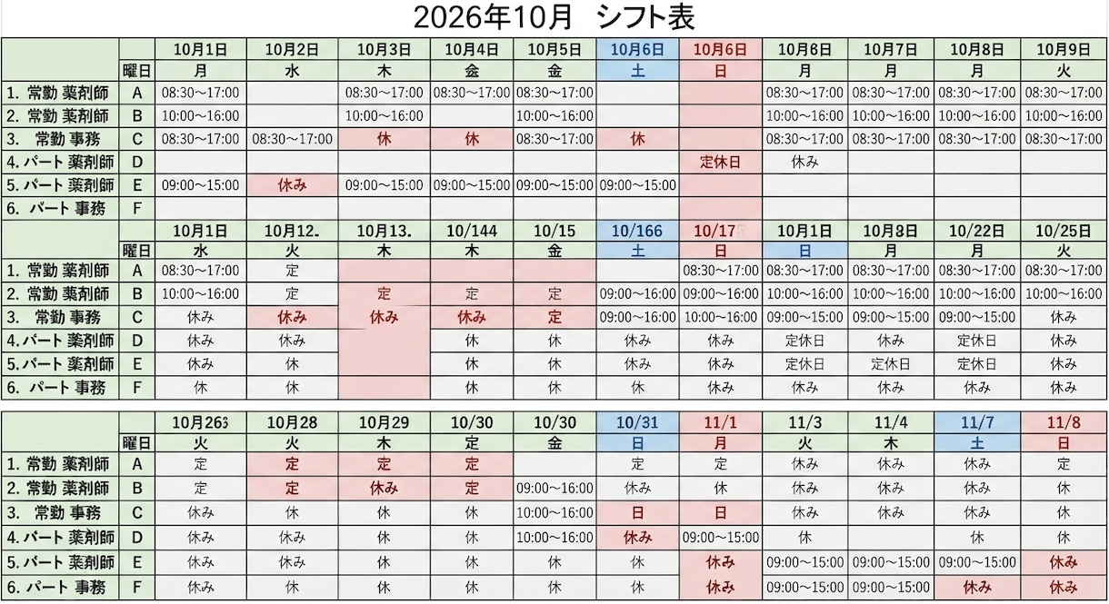 1500円〜Excelシフト表作成します 休み被りや人員不足を自動判定！ミスを防ぐシフト表を作成します イメージ3