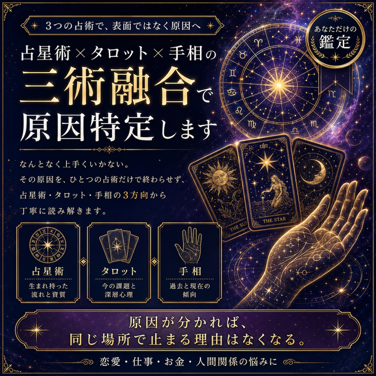 占星術×タロット×手相の三術融合で原因特定します 「なぜ止まるのか」を3つの占術で特定｜恋愛・仕事・金運OK イメージ1