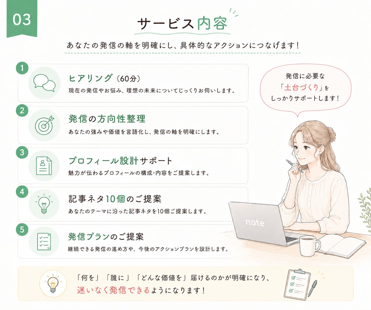 あなたらしい発信の軸を一緒に見つけます noteの発信テーマ・方向性を一緒に整理します イメージ3