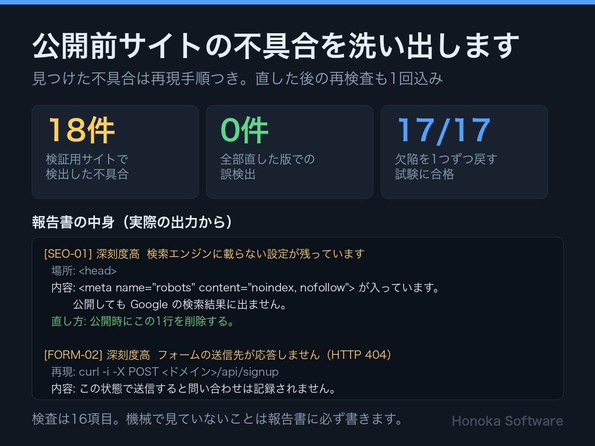 公開前サイトの不具合を洗い出します 見つけた不具合は再現手順つき。直した後の再検査も1回込み イメージ1