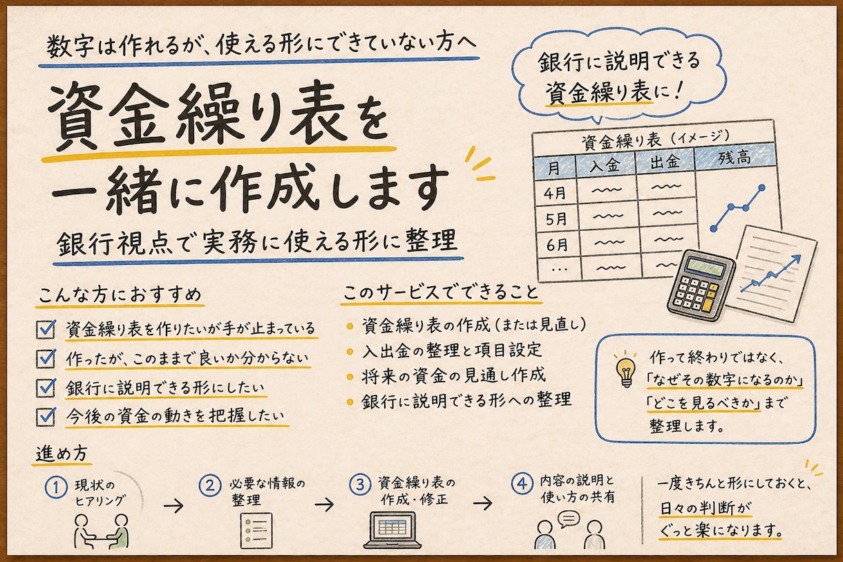 資金繰り表を一緒に作成します 元銀行員が実務で使える形に整理します イメージ1