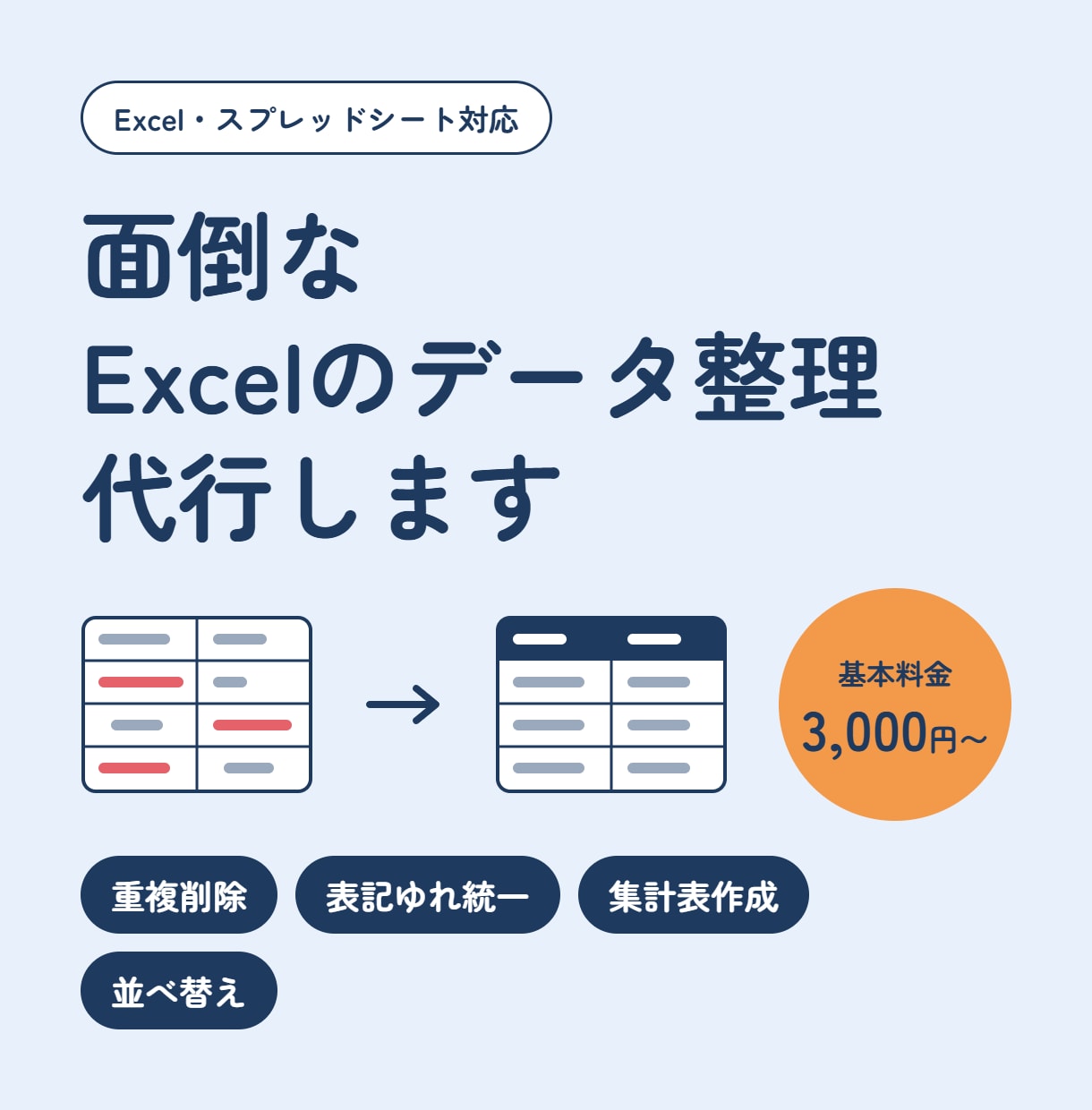 面倒なExcelのデータ整理をまるっと代行します 重複削除・表記ゆれ統一・集計表づくりまで対応 イメージ1