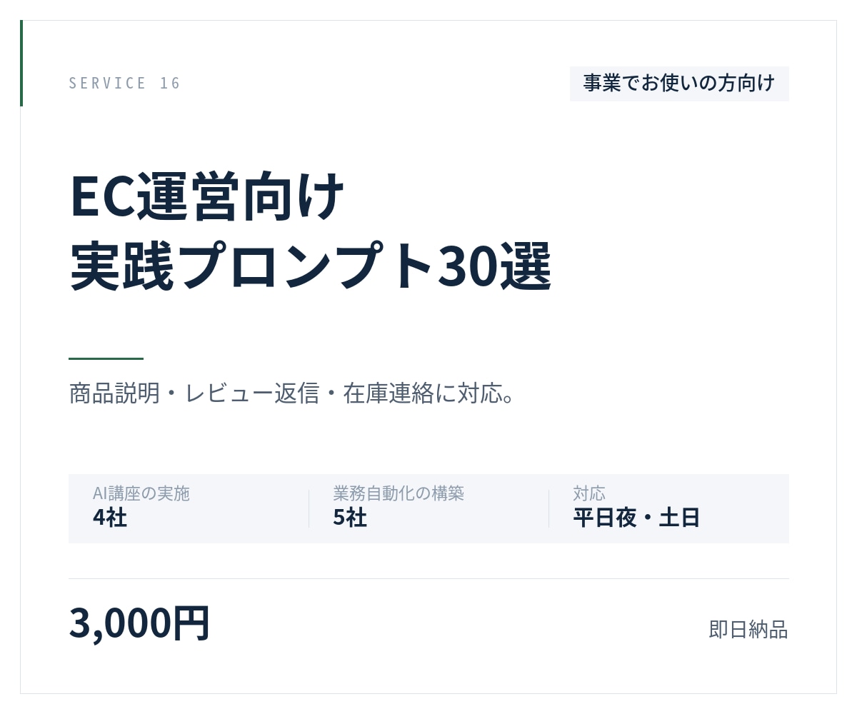 EC運営向けプロンプト30選を納品します 商品説明・レビュー返信・在庫連絡に対応 イメージ1