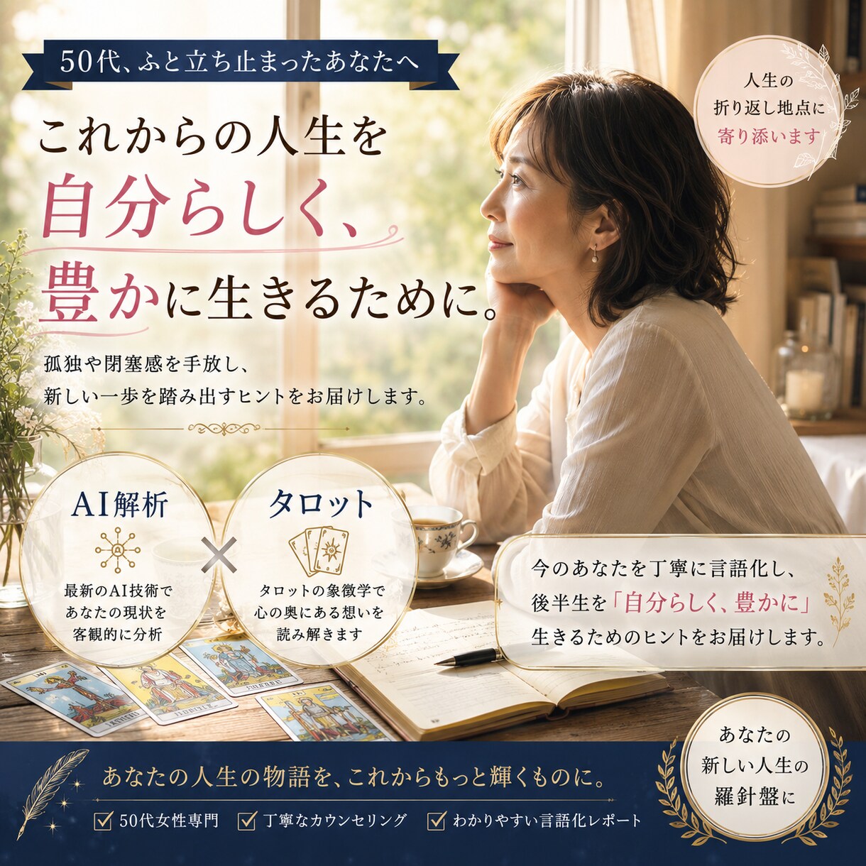 AIタロットが50代の孤独に癒しの地図を描きます 今のモヤモヤを希望に変える。AI×タロットが贈る癒やしの書 イメージ1