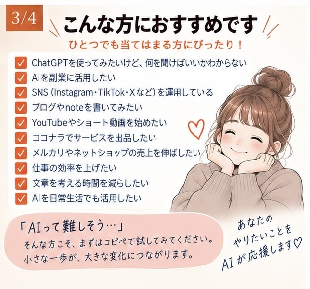 AI副業に使えるプロンプト100選をお届けします SNS・画像・ブログ・動画・販売・仕事までコピペで使えます イメージ3