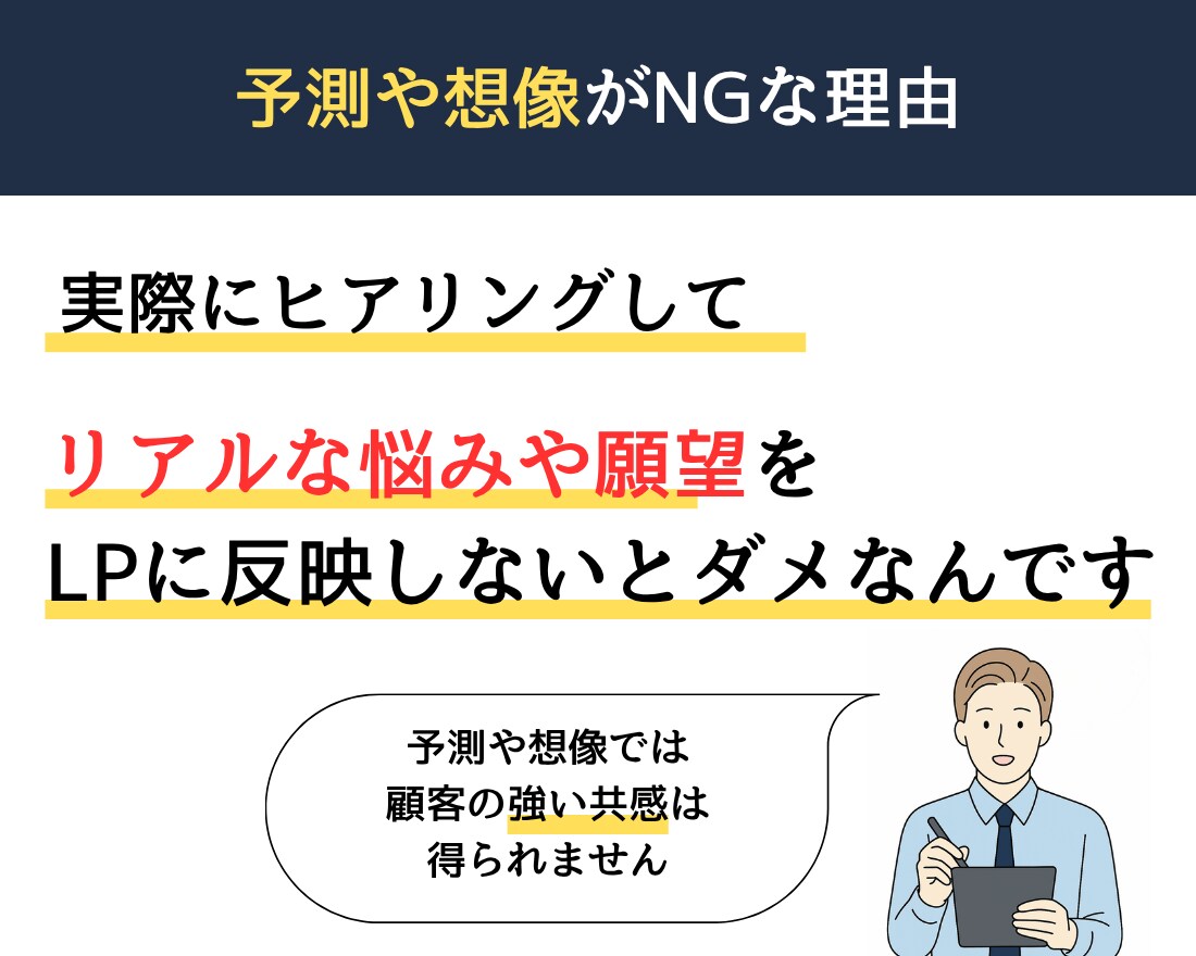 顧客の声からメッセージを作り刺さるLPを執筆します あなたの代わりに顧客ヒアリングを実施するから成果が出る イメージ5