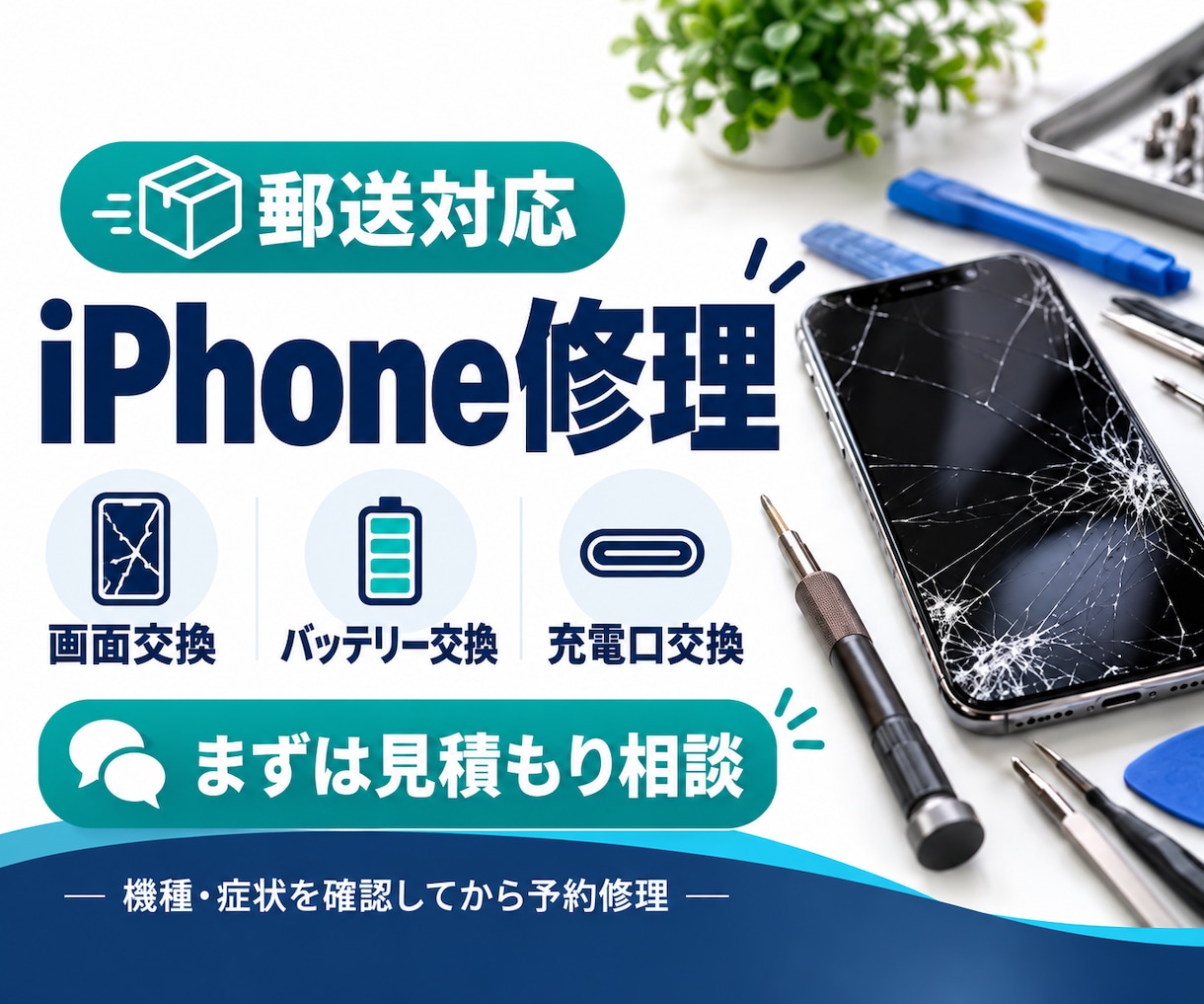 iPhoneの画面・バッテリー・充電口を修理します まずはお見積もり。料金を確認してから予約修理へ！ イメージ1