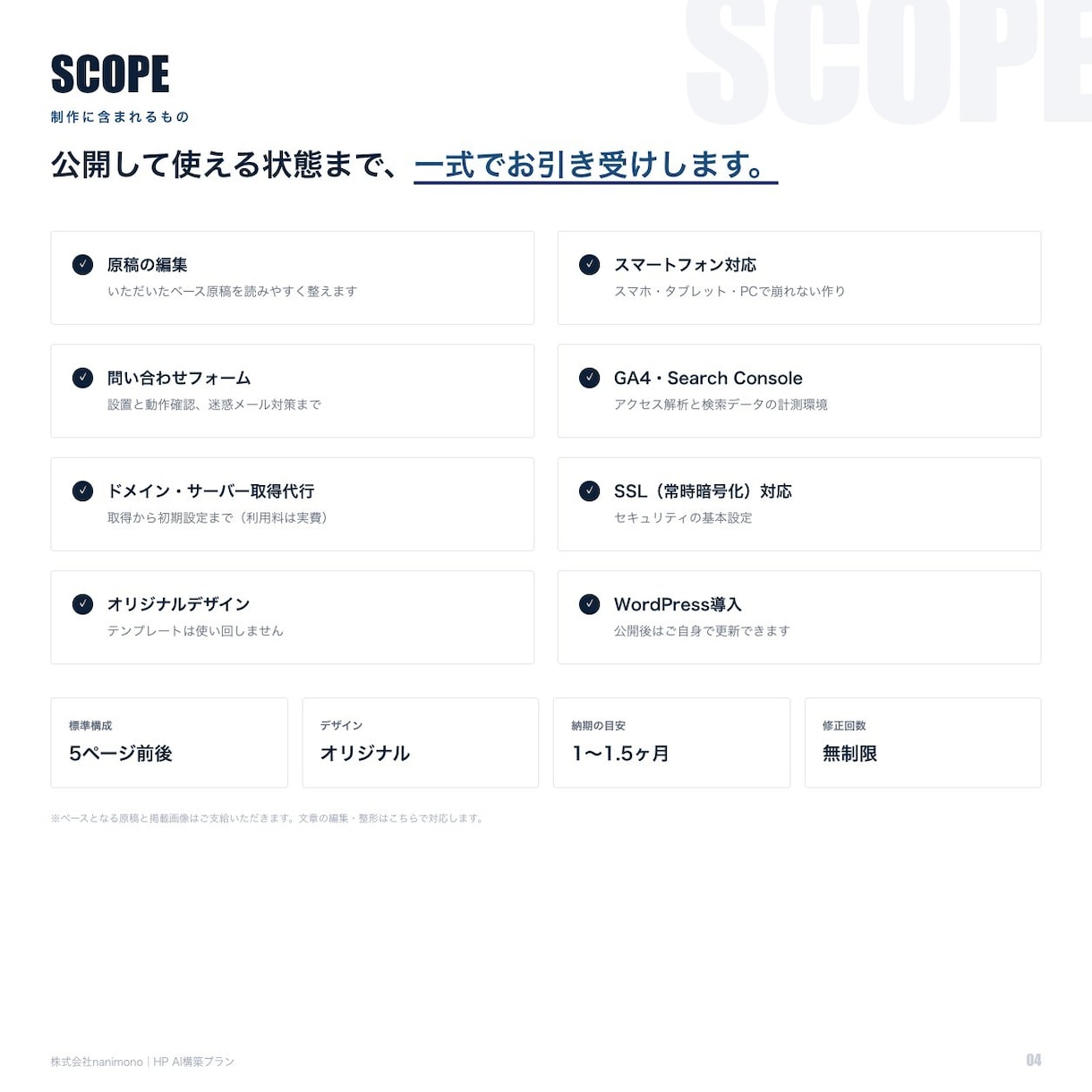 1〜1.5ヶ月でオリジナルHPを制作します 初期15万円／5ページ前後／AI活用で工数を圧縮 イメージ4