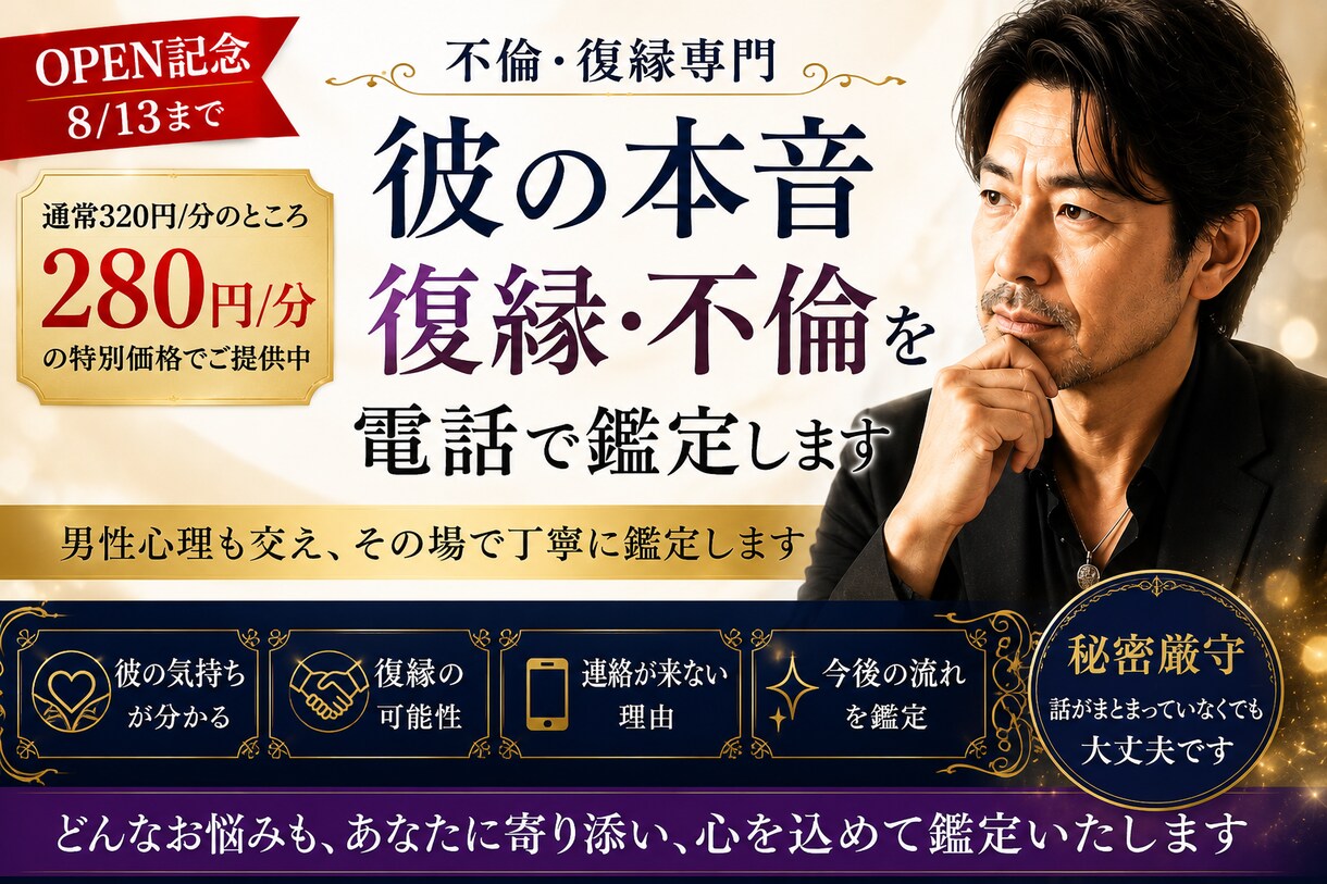 彼の本音・復縁・不倫を電話で鑑定します 男性心理も踏まえ、今後の行動まで丁寧にお伝えします イメージ4
