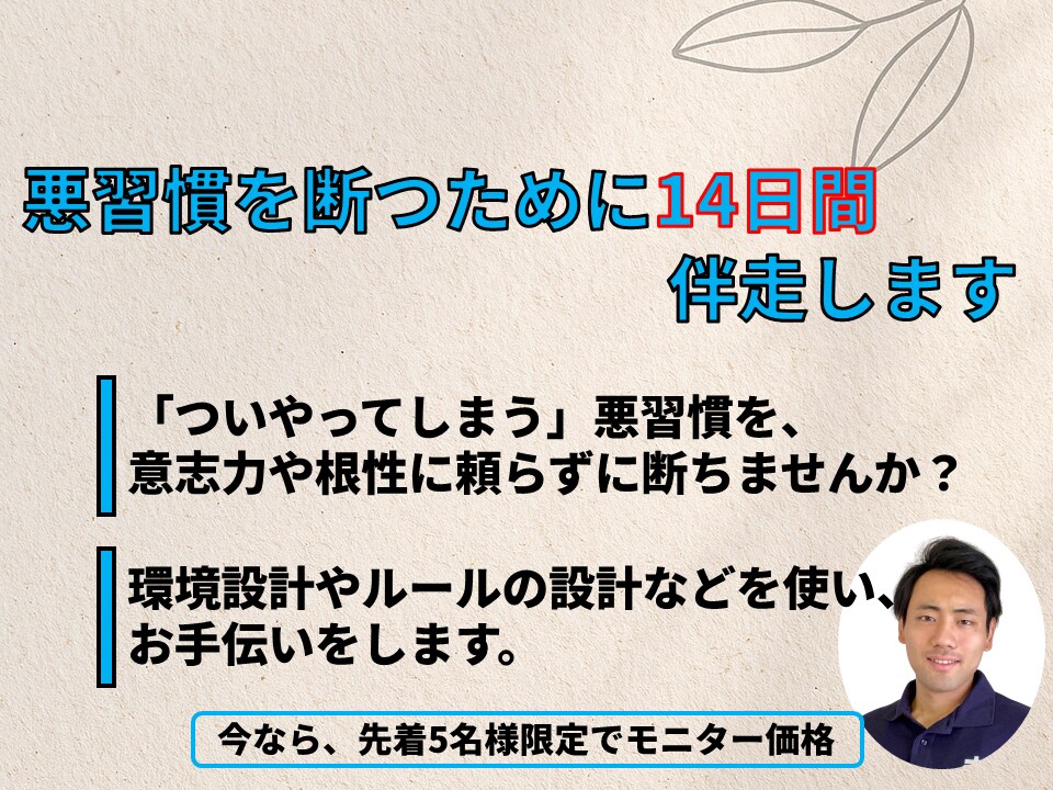 悪習慣を断つために、【14日間】伴走します 『ついやってしまう』悪習慣を、気合いや根性なしでリセット！ イメージ1