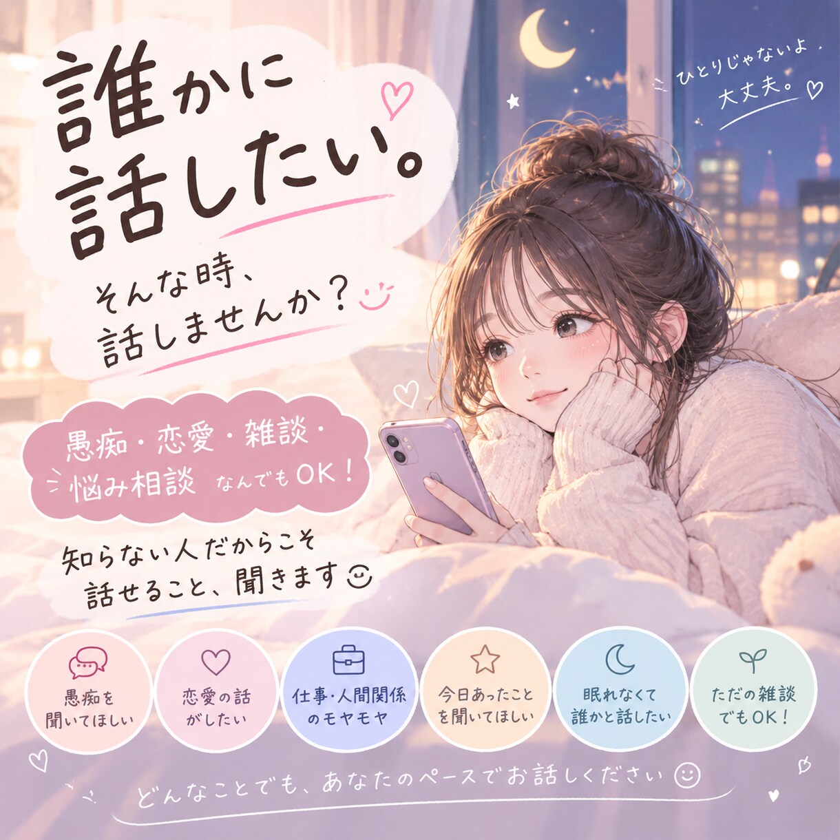 誰にも言えない話、なんでも聞きます 誰かに話したいけど全く知らない人に話したいそんな願い叶えます イメージ1