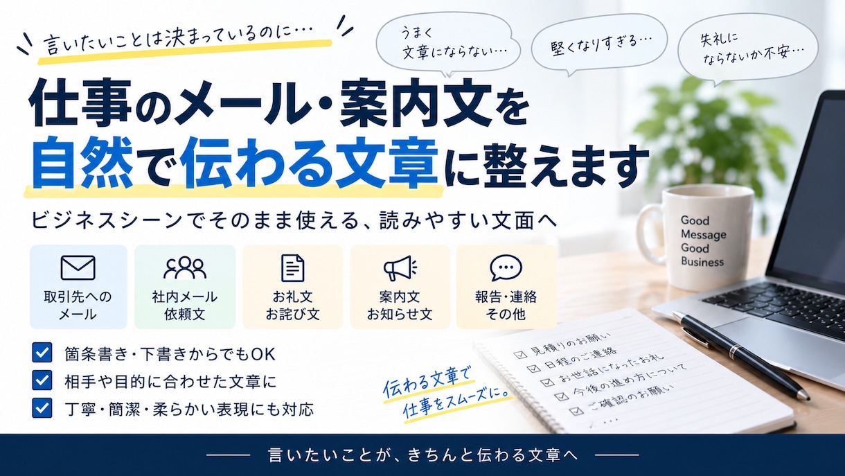 仕事のメール・案内文を自然な文章に整えますます 箇条書き・下書きからでもOK｜相手に伝わる文面に仕上げます イメージ2