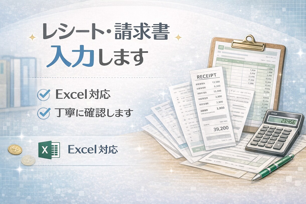 レシート・請求書100枚入力します レシートや請求書等の情報をご希望のフォーマットに入力します イメージ1