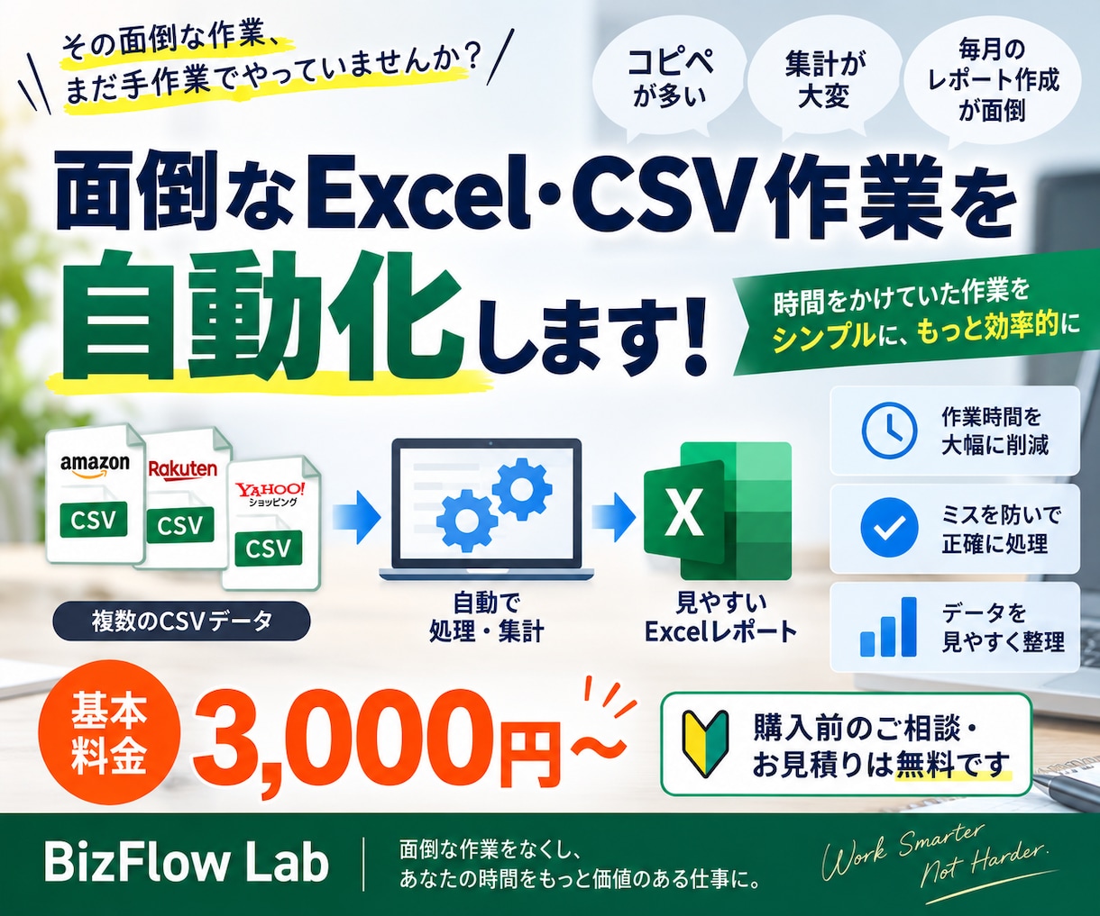 面倒なExcel・CSV作業を自動化します 毎日のExcel・CSV作業をもっとラクにします！ イメージ1