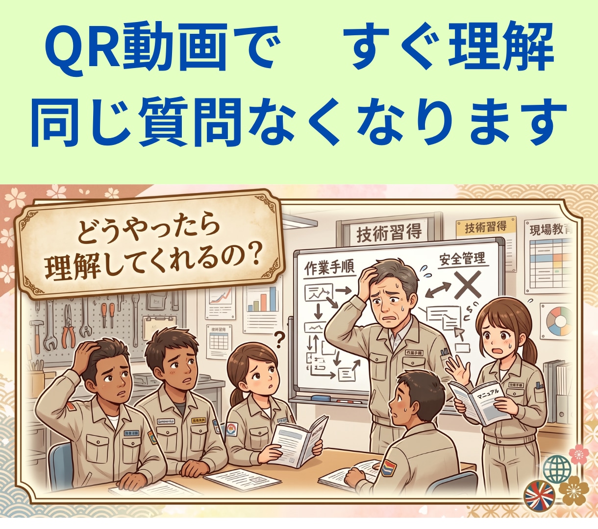 外国人教育　QR動画母国語ナレーションで理解します QR動画を先輩が母国語で作成　ライブラリー化が出来　ます イメージ1