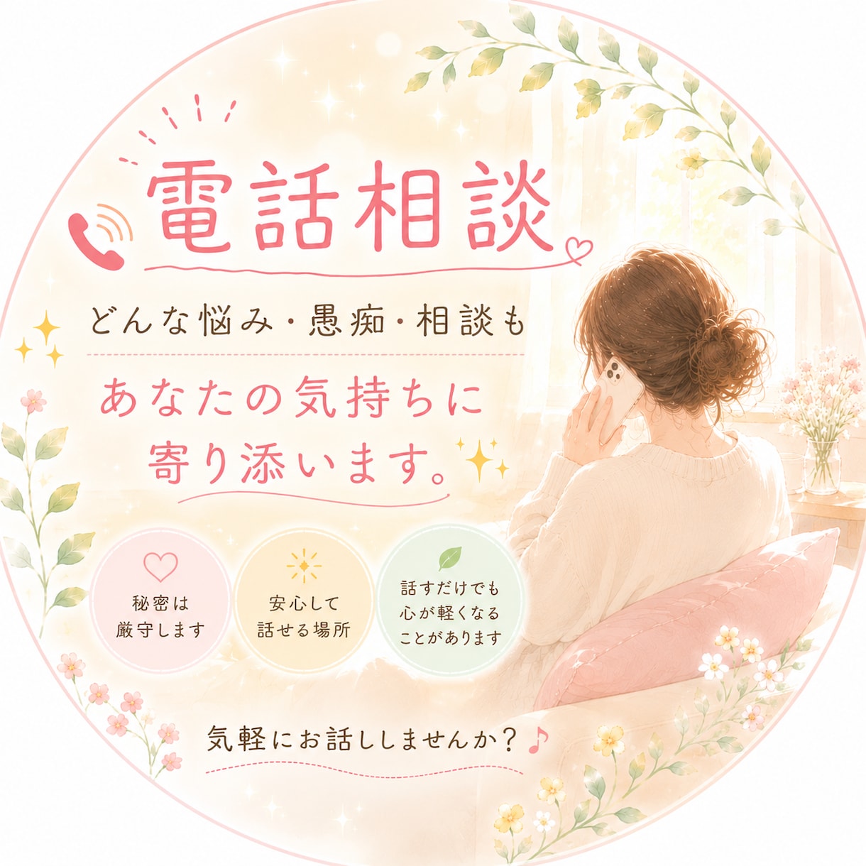 電話相談✨あなたの悩みに全力で寄り添います 仕事、恋愛、家庭、日常など全般 イメージ1
