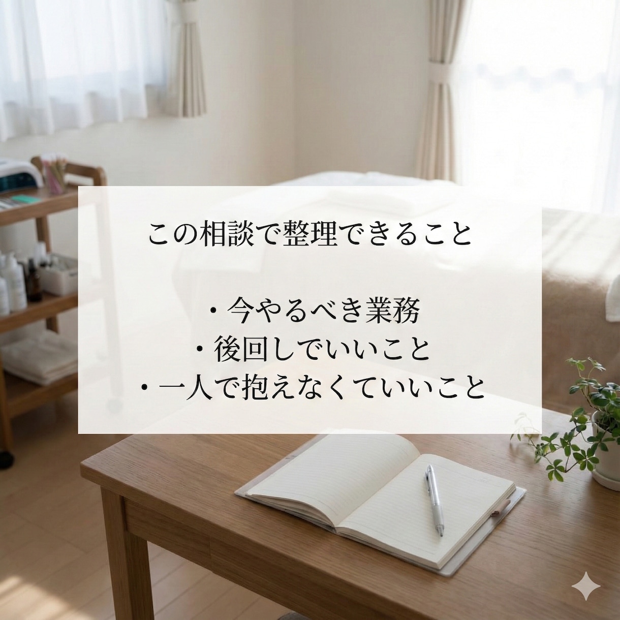 ひとりサロンの業務と管理を整理します 現役オーナーが仕組みと判断を伴走整理 イメージ3