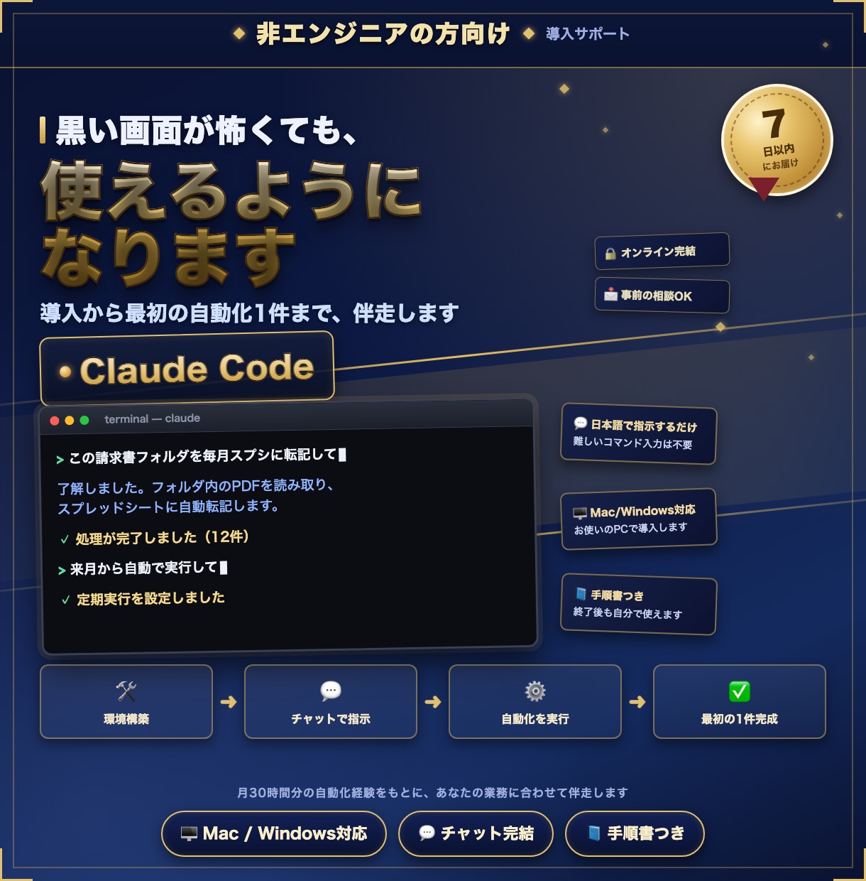 Claude Code最初の自動化まで支援します インストールで止まっている方へ。最初の自動化1件まで並走 イメージ2