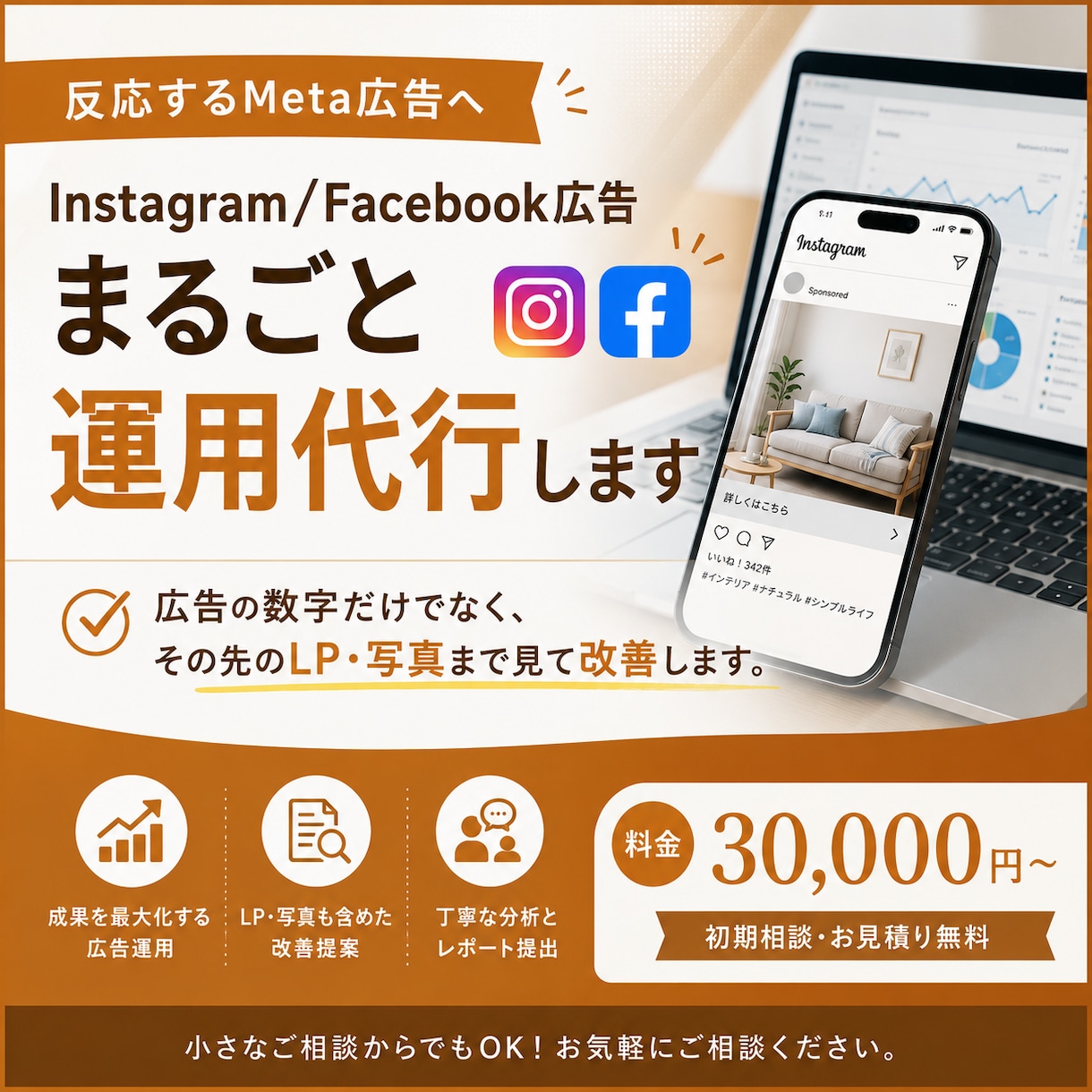 初めてのMeta広告を支援します 広告の数字だけでなく、その先のLP・写真まで見て改善します イメージ1