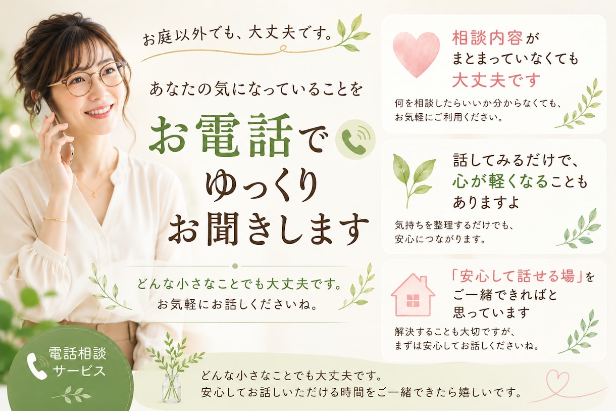 日々のこと、くらしのことなんでもお聞きします 内容がまとまっていなくても大丈夫！優しくあたたかく寄り添いを イメージ1