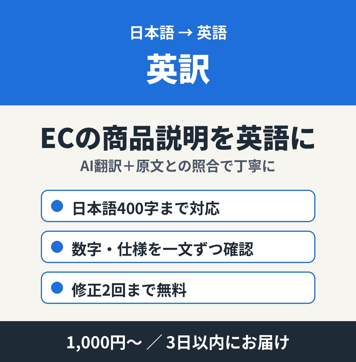 英訳！ECの商品説明を自然な英語に翻訳します 日本語400字まで1,000円｜数字・仕様を一文ずつ確認 イメージ1