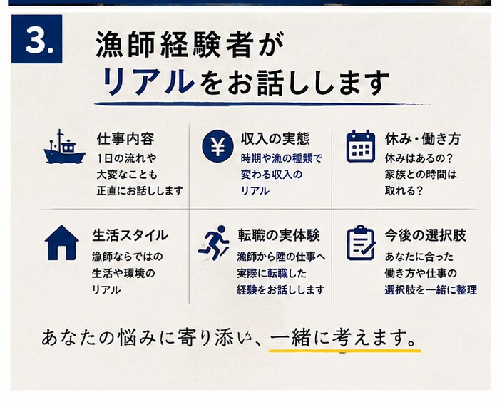 漁師と陸の仕事の転職相談に乗ります 漁師経験者が、漁師になる・辞める両方のリアルを話します イメージ3