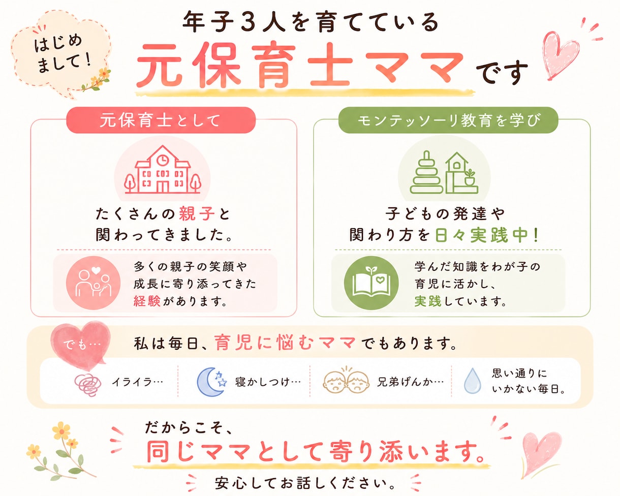 年子3人育児中の元保育士がママのお悩みをお聴きます 妊娠／出産／年子育児／ワンオペ／イヤイヤ期／モンテッソーリ イメージ4
