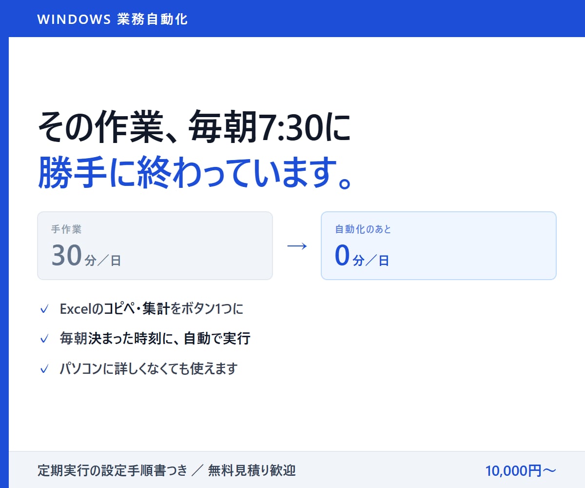 Windowsの定型作業を自動化ツールにします 無人で毎朝動く仕組みまで。定期実行の設定手順書つき イメージ1