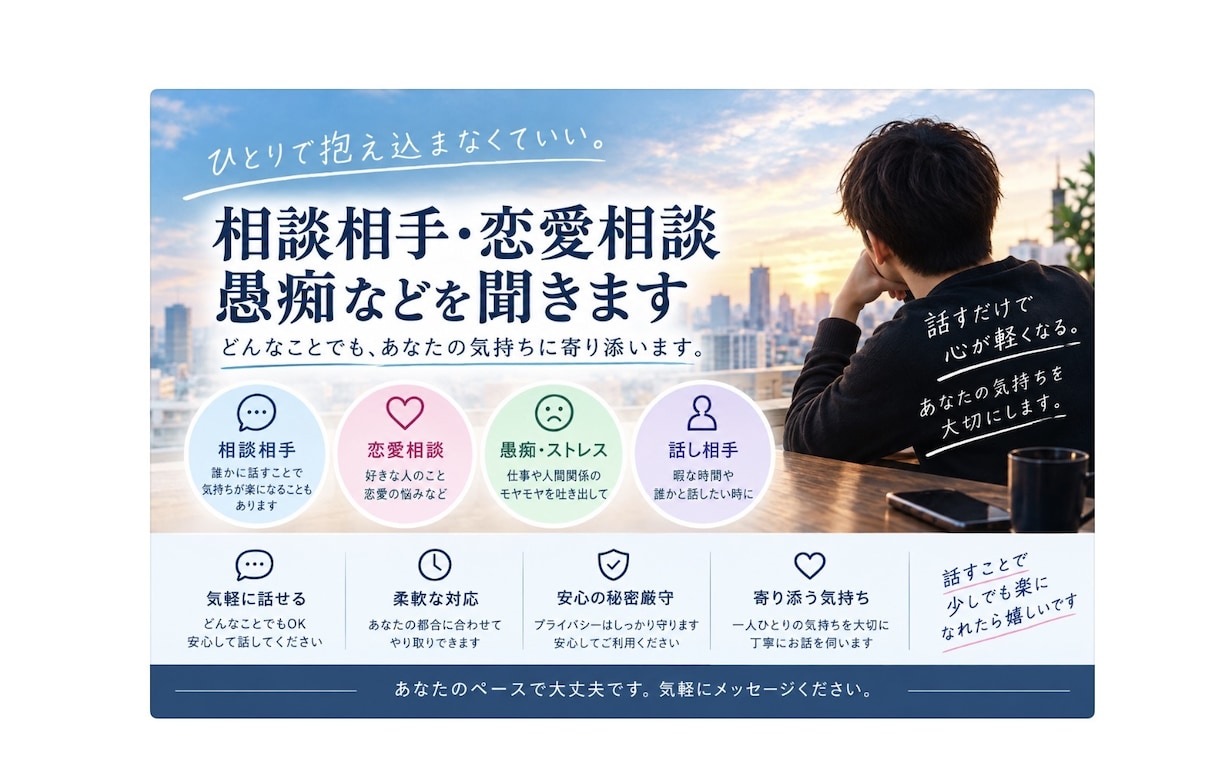 とにかく話を聞きます！どんな方でも優しく聞きます 声優志望だった経験を活かして、声であなたに寄り添います。 イメージ1