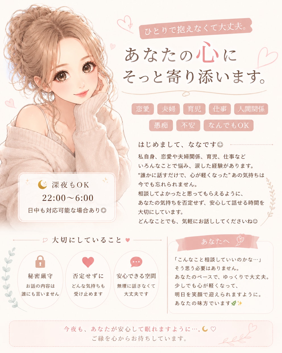 恋愛や子育てや人間関係のお悩みお聞きします 恋愛・不倫・複雑恋愛も秘密厳守で寄り添います イメージ1