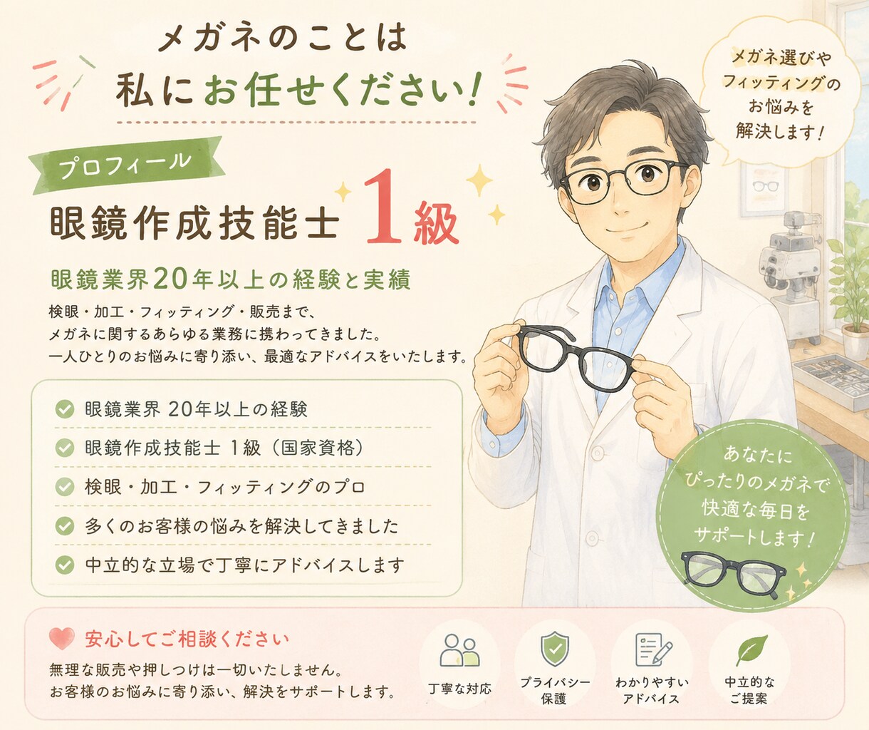 眼鏡作成技能士1級がメガネを写真診断します メガネがずれる、鼻が痛い、耳が痛い、見た目がしっくりこない… イメージ3