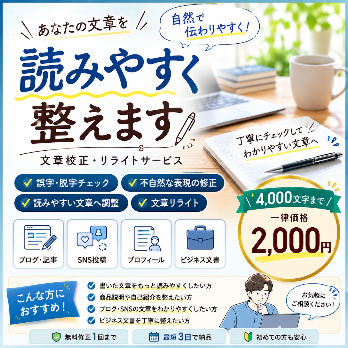 あなたの文章を自然で読みやすく整えます 読みやすく、伝わりやすい文章に整えます イメージ1