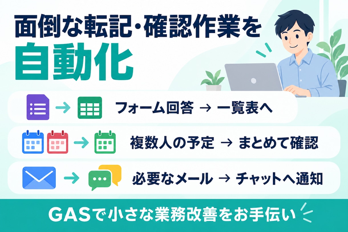GASで転記・予定集約・メール通知を自動化します Googleサービスの連携で、毎日の繰り返し作業を減らし イメージ1