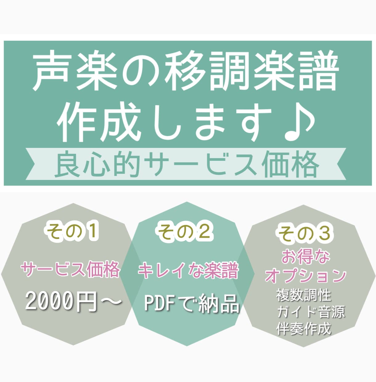 あらゆるジャンル対応！声楽曲の移調楽譜を作成します PDF納品、1ページ2,000円〜、オプション多数 イメージ1