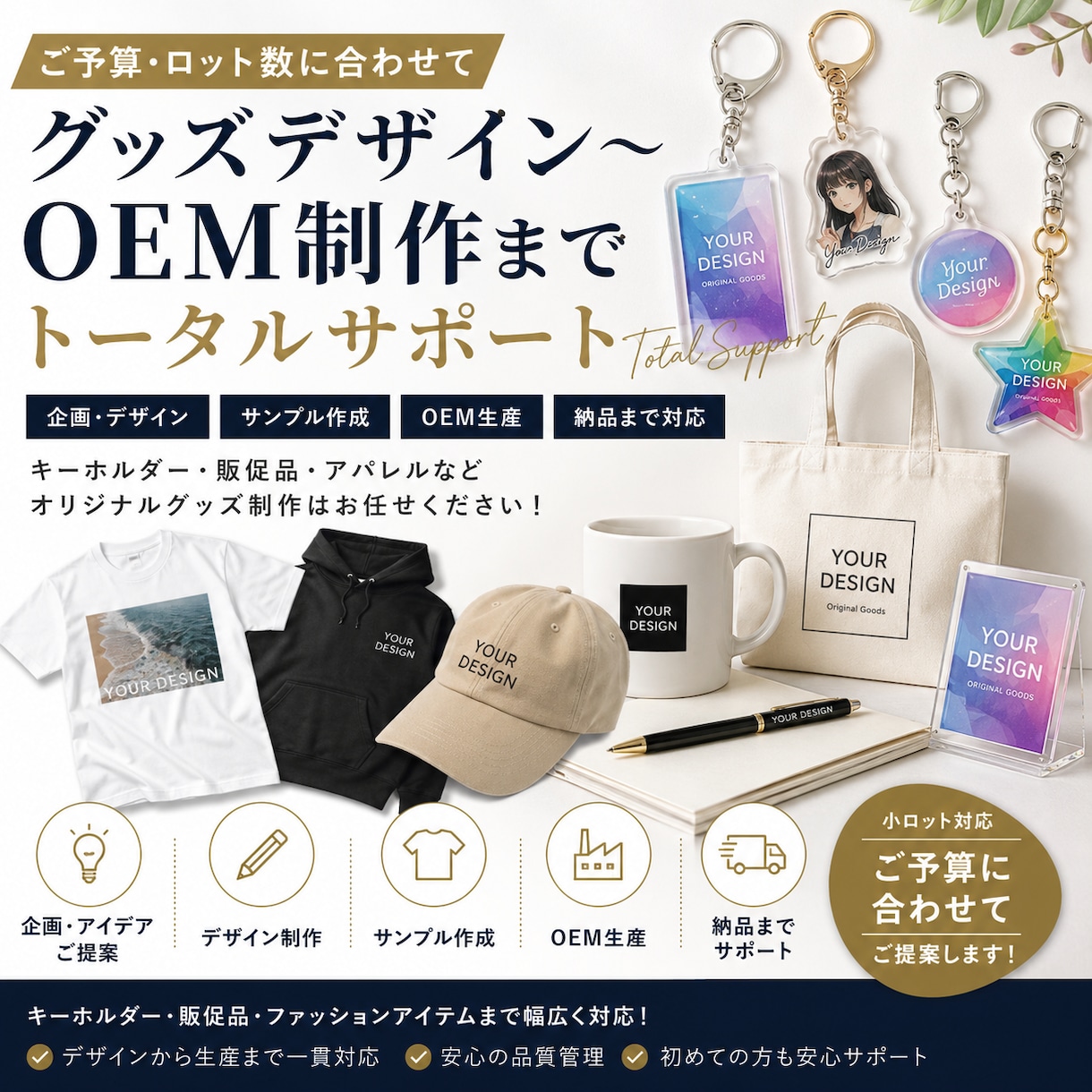 予算ロット数対応デザイン〜生産一括サポートます グッズ制作の企画・デザイン・OEM生産まで一貫サポート イメージ1
