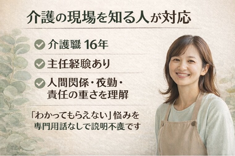 介護職・家族介護の限界感情を7日間文章で整理します 匿名OK・通話なし・介護16年の現場経験者が対応 イメージ2