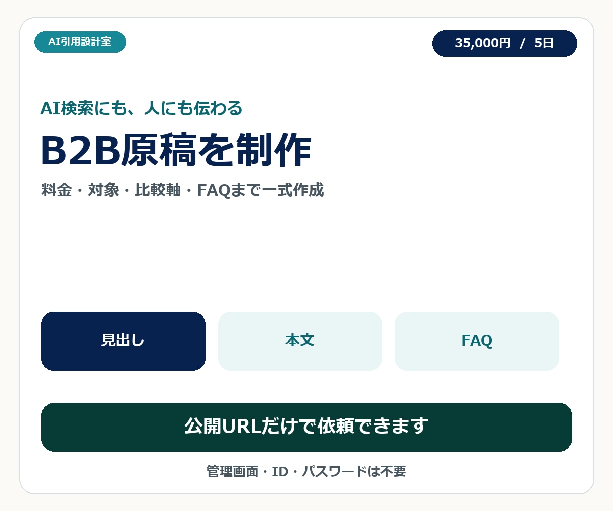 AI検索にも伝わるB2B原稿を作成します 料金・対象・比較軸・FAQまで公開情報から一式作成 イメージ1