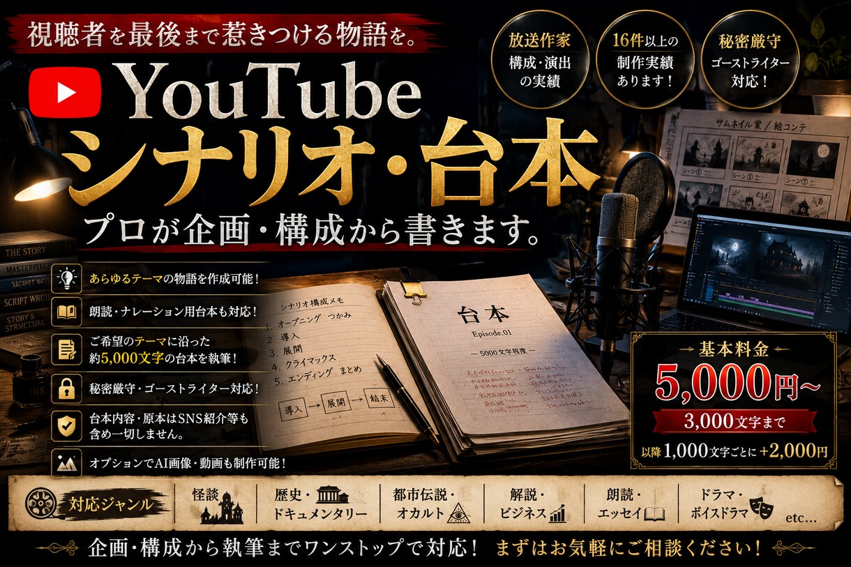 プロの構成演出経験でYouTube動画台本作ります 企画構成から対応視聴者を最後まで惹きつける物語台本を制作 イメージ1