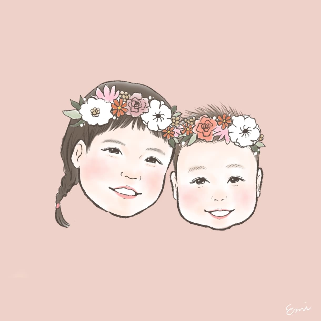 お花のかんむりを載せた可愛い似顔絵お描きします アイコンにおすすめ♪背景色が選べる◎お子さんペット家族に！ イメージ1