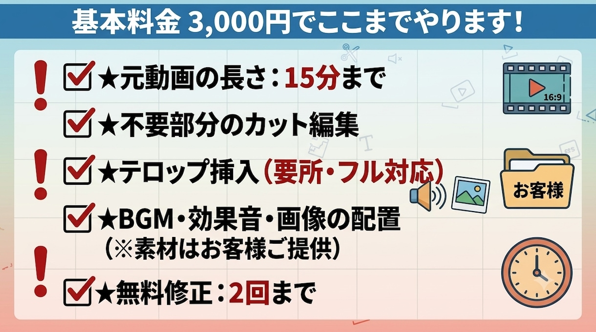 YouTube動画のカット/テロップ編集をします 完成尺ではなく、元動画の長さで料金を決定。 イメージ2