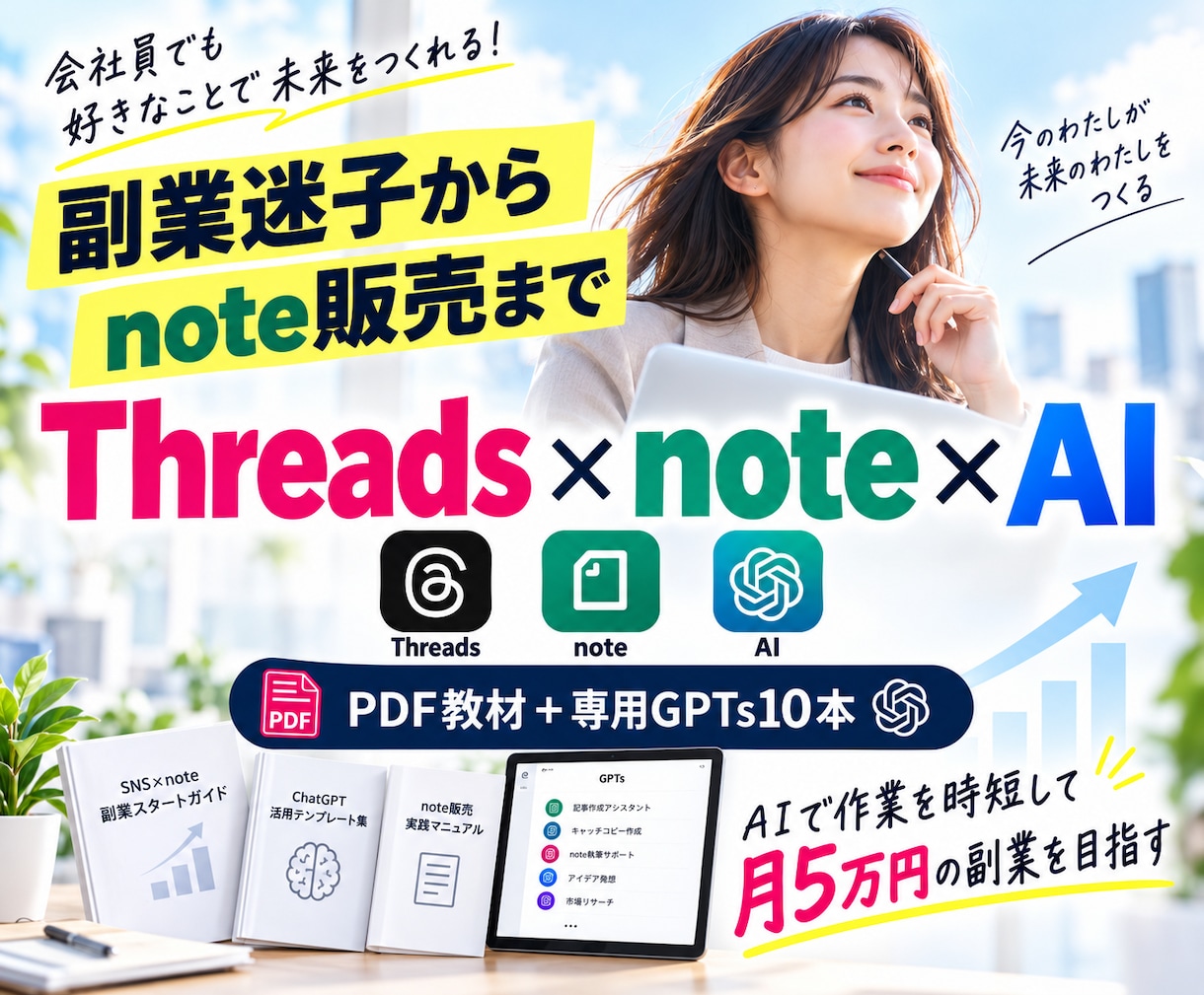 副業迷子の会社員をnote販売まで導線化します Threads×note×AI時短で月5万副業を在宅で目指す イメージ1