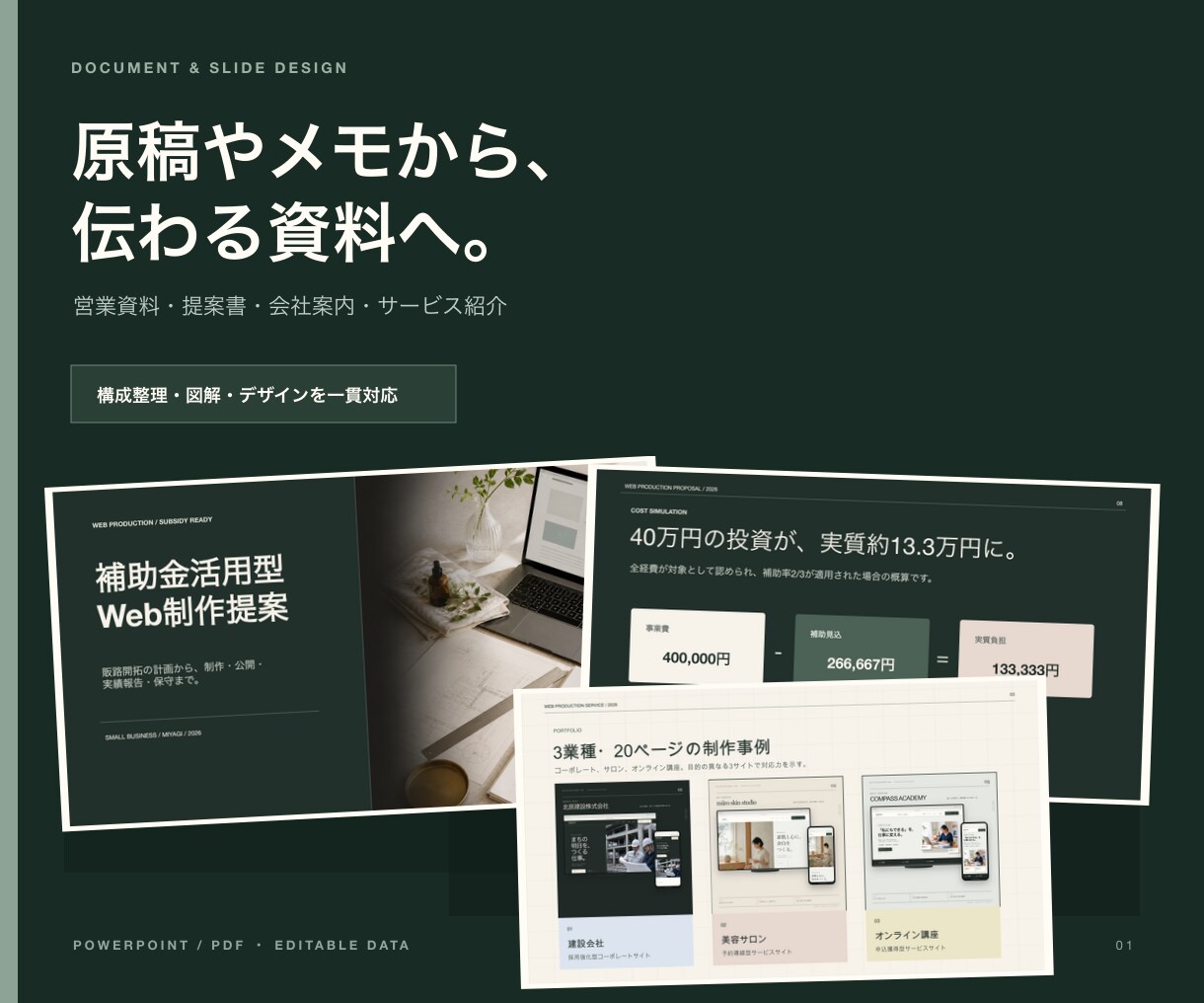 伝わる営業・提案資料を構成から作成します 原稿やメモを整理し、図解・デザインまで一貫対応 イメージ3