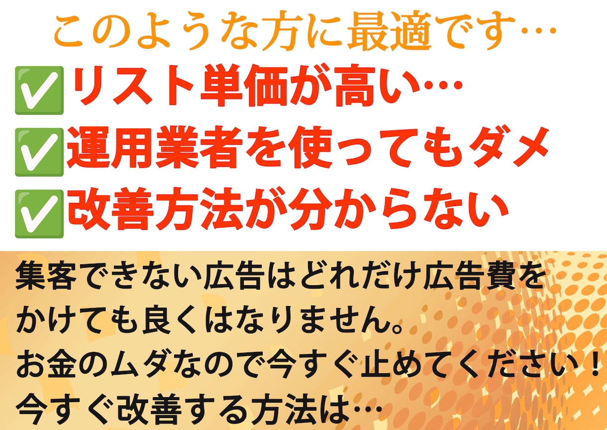 Meta広告の改善法を具体的におしえます リスト単価（CPA）￥１０００円以上で困っている方限定！ イメージ2